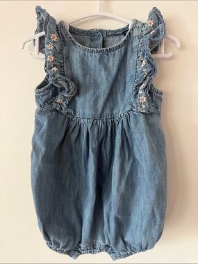 Gap? Denim Chambray Baby Romper with Floral Ruffle Straps (maker’s tag missing)